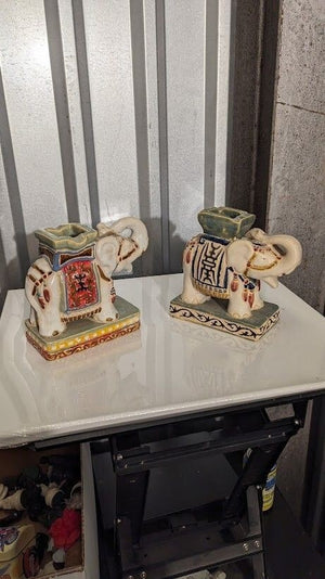 Pair Of Vintage 10” Chinese Handmade & Painted Ceramic Glazed Elephants Statue 2