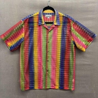 Maltos Shirt Mens Large Multicolor Striped Pleated Short Sleeve Button Up USA