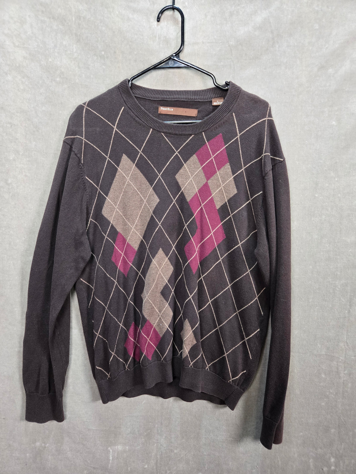 Perry Ellis Mens Brown Argyle Cotton Crewneck Pullover Sweater Size L