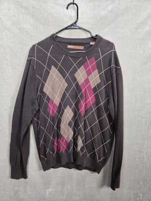 Perry Ellis Mens Brown Argyle Cotton Crewneck Pullover Sweater Size L 1