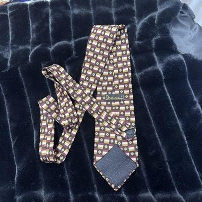 Domani Tie Mens One Size Burgundy Gold Geometric Checkered Silk Necktie Pattern