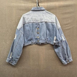 RAREGAL Jacket Womens Large Blue Denim Two Tone Cropped Distressed Button Front 5