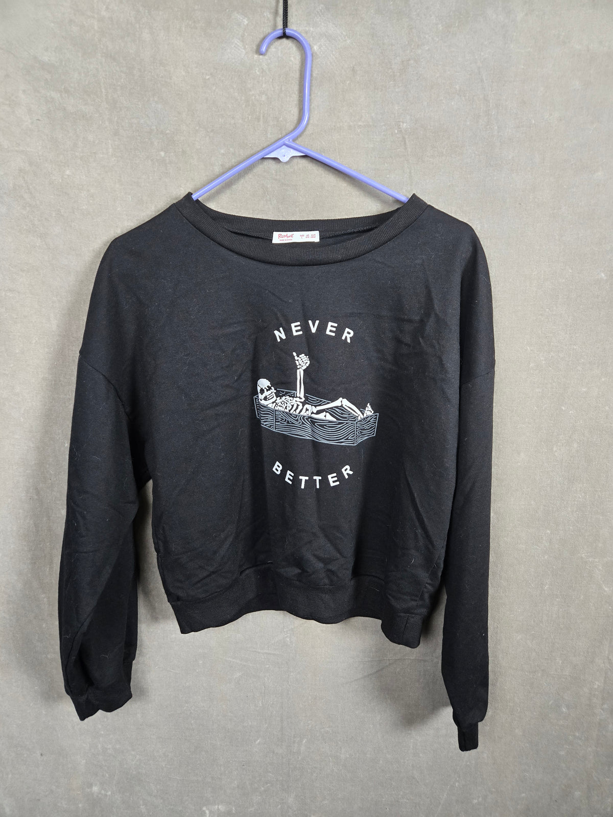 Skeleton Coffin Graphic Never Better ROMWE Women's Black Sweatshirt L