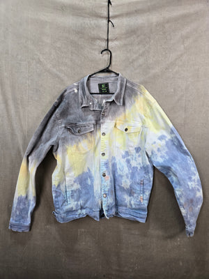 Sacred Crown Unisex Gray Yellow Blue Tie Dye Denim Trucker Jacket 3X 1