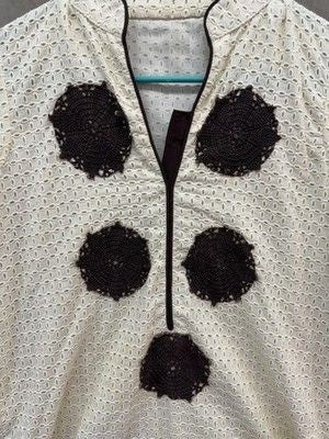 Boho Tunic Womens Large White Brown Crochet Eyelet Embroidered Top Pre-Owned 3