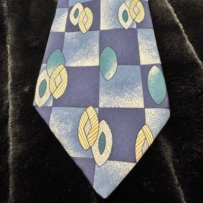 Enrico Guccini Tie Mens Blue Yellow Silk Geometric Leaf Print Paris Rome 4" Wide