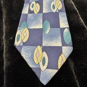 Enrico Guccini Tie Mens Blue Yellow Silk Geometric Leaf Print Paris Rome 4" Wide 1