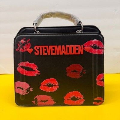 Steve Madden Black Red Lip Print Satchel Crossbody Bag with Pouch Novelty