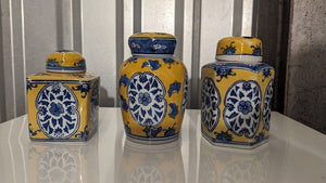 Sx3 Vtg Pottery Asian Ceramic Lidded Vases Blue, Yellow, & White + 2 Bonus! 3