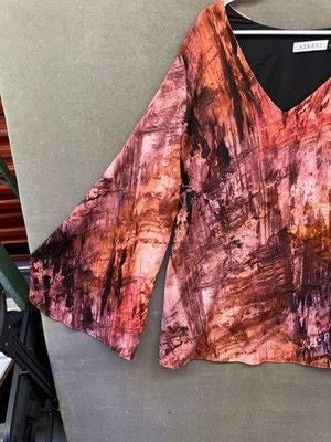 Askari Blouse Womens Large Pink Brown Abstract Flare Sleeve V Neck Pre-Owned 2