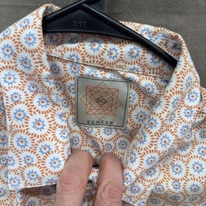 SQWEAR Shirt Mens Large Orange Blue Geometric Short Sleeve Button Up Polyester 5