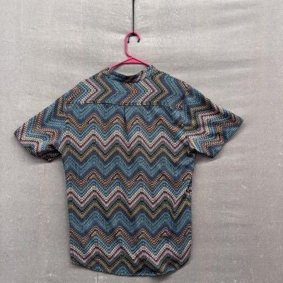 Zaful Shirt Mens Large Multicolor Chevron Pattern Short Sleeve Button Up Retro