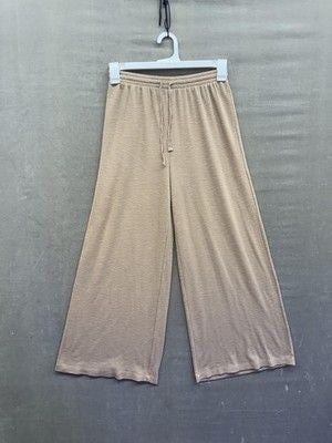 Chic Wide Leg Pants Womens Medium Tan Drawstring Ribbed Lounge Comfort Soft Cozy 1