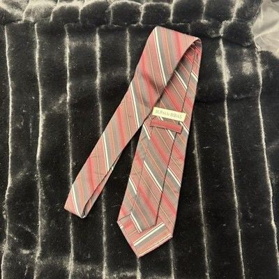 Burma Bibas Mens Silk Necktie Red Gray Striped Pre-Owned Classic Formal Wear