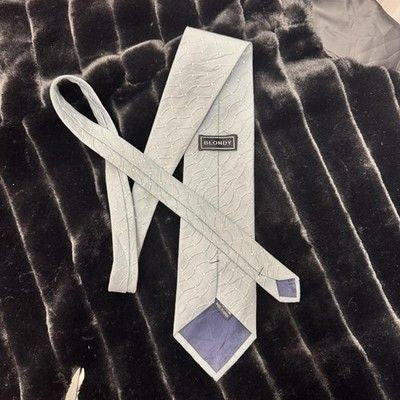 Vintage Blondy Necktie Mens Blue Gray Wavy Dot Pattern Polyester Tie Korea 90s