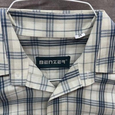 Benzer Shirt Mens Medium Blue White Plaid Short Sleeve Button Up Casual Top