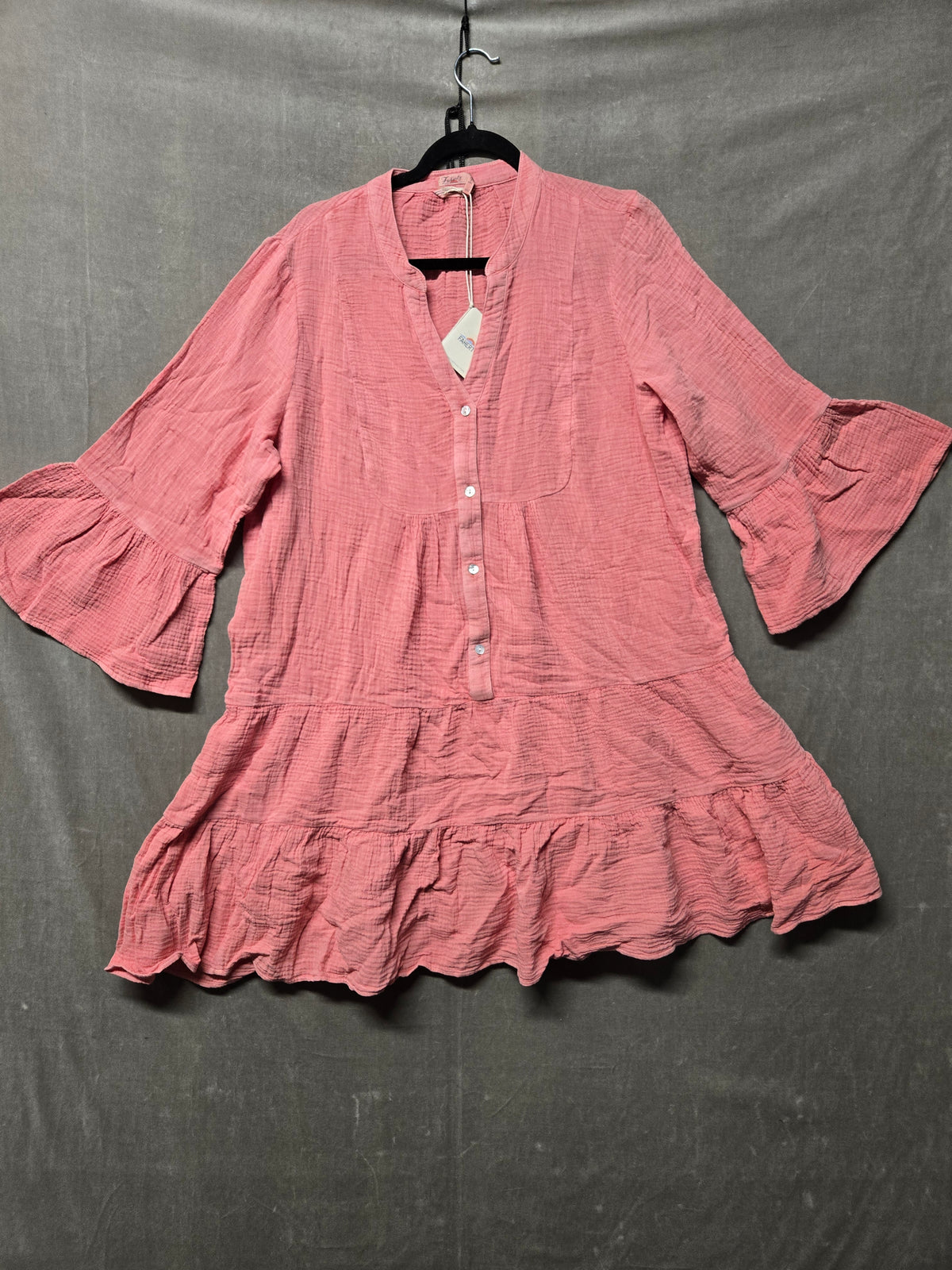 Faherty Dream Cotton Gauze Kasey Dress Coral Bell Sleeve Tiered Boho Size L NWT