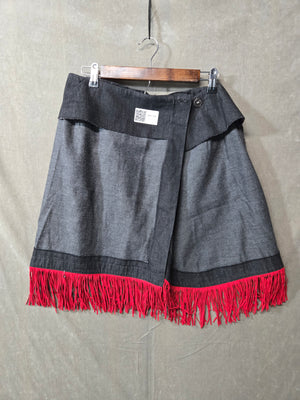 Women's Gray Wrap Mini Skirt Red Fringe Hem Western Cowgirl Boho Rodeo 1