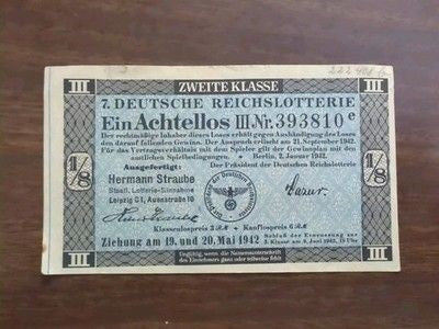 Germany 1/8 Lottery ticket Reichslotterie 1942 - WW2 - Series: 393810