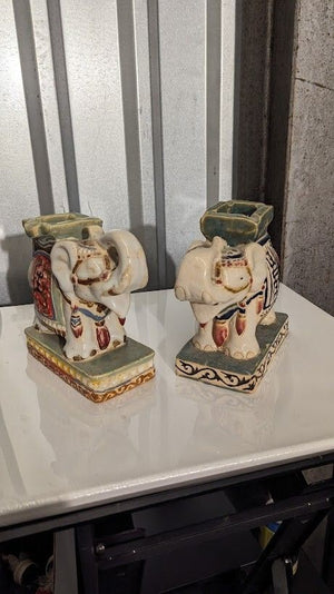 Pair Of Vintage 10” Chinese Handmade & Painted Ceramic Glazed Elephants Statue 3
