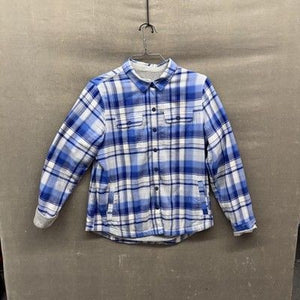 LL Bean Jacket Mens Medium Blue Plaid Flannel Fleece Lined Snap Button Shacket 1