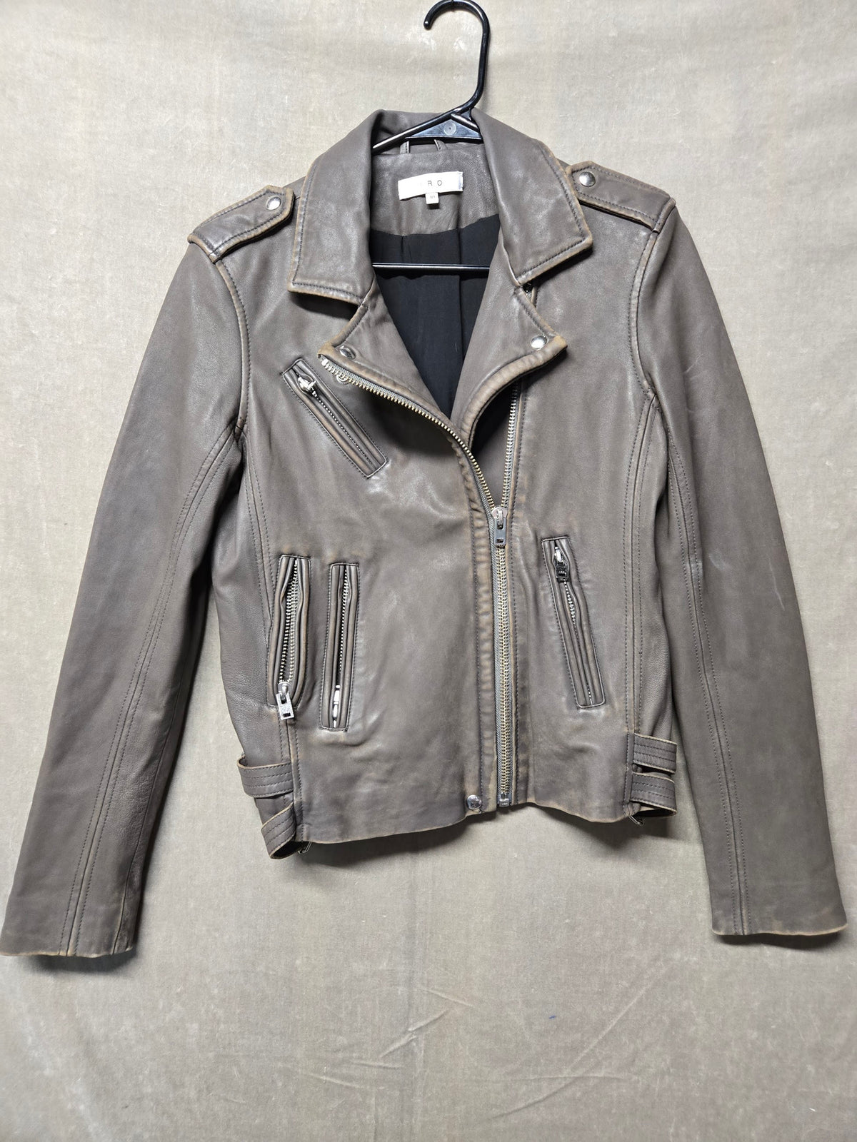 IRO Women Gray Lamb Leather Biker Jacket Size FR 40 Good Condition