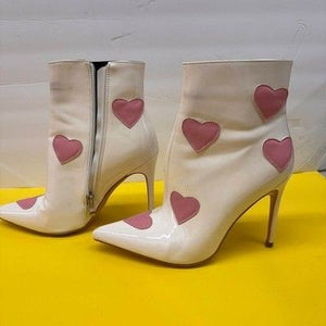 White Patent Leather Stiletto Ankle Boots Pointed Toe Pink Hearts Pre-Owned Good 2