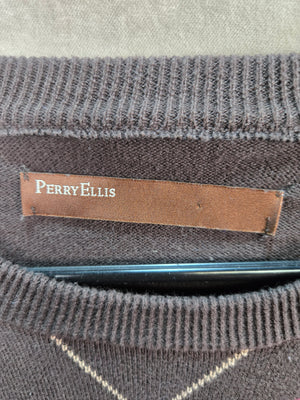 Perry Ellis Mens Brown Argyle Cotton Crewneck Pullover Sweater Size L 2