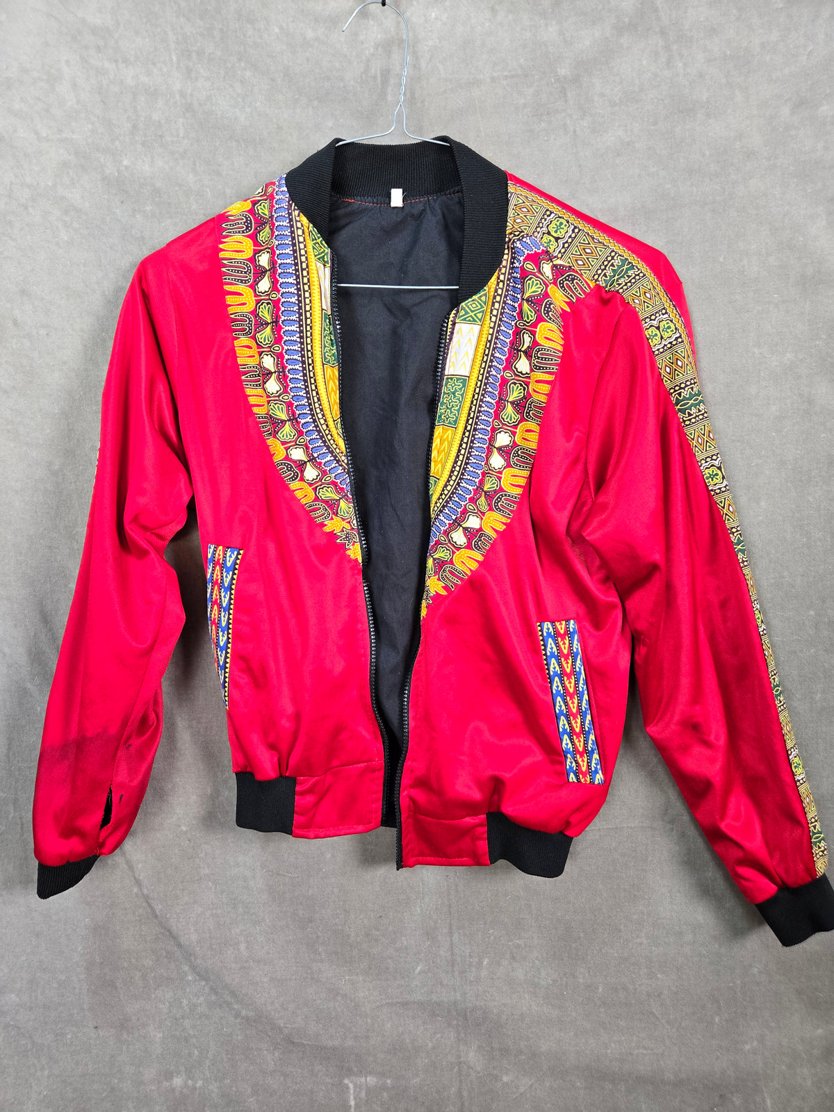African Dashiki Print Red Bomber Jacket Unisex Zip Front Size M