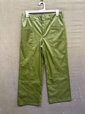 Free People Pants Womens 12 Green Faux Leather Wide Leg Cropped High Rise Pre-Ow 1