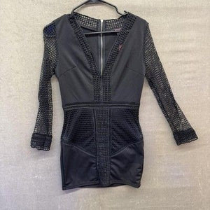 XTAREN Dress Womens Medium Black Mesh Long Sleeve Bodycon Deep V Party New with 1
