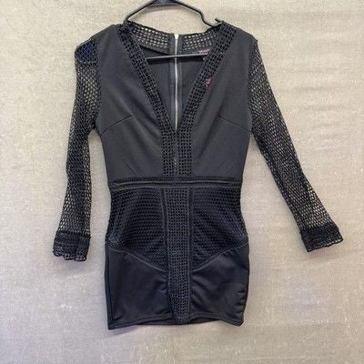 XTAREN Dress Womens Medium Black Mesh Long Sleeve Bodycon Deep V Party New with