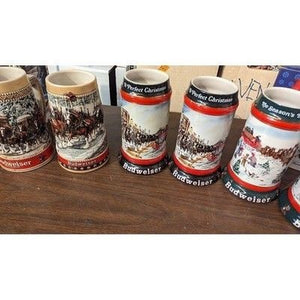 Vintage Beer Mugs - Lot of 13 Budweiser Steins - Christmas Clydesdales 1