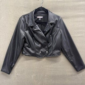 Love by Design Jacket Womens Large Black Faux Leather Cropped Moto Biker Vegan 1