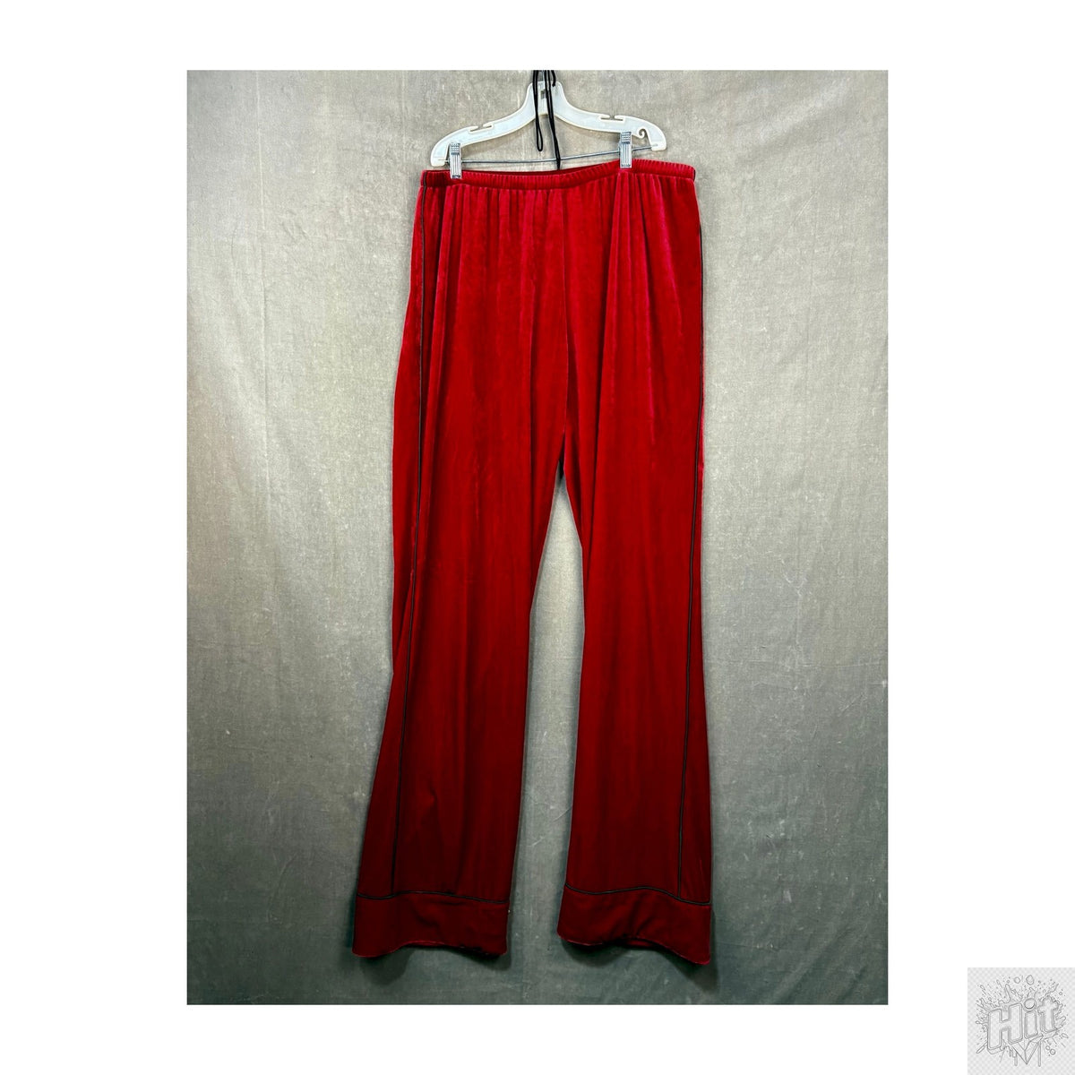 Handmade Red Crushed Velvet Wide-Leg Pants w/ Green Piping, Sz Large