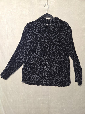 Silk Club Black Burnout Velvet Blouse Silk Rayon Damask Button Up Vintage Womens 5