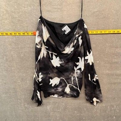 Carmen Marc Valvo Petite Shirt Womens 2P Black Beaded Floral Cowl Neck Sheer