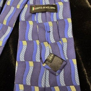 Conte di Milano Tie Mens Blue Yellow 100 Silk Made in Italy Geometric Pattern 4