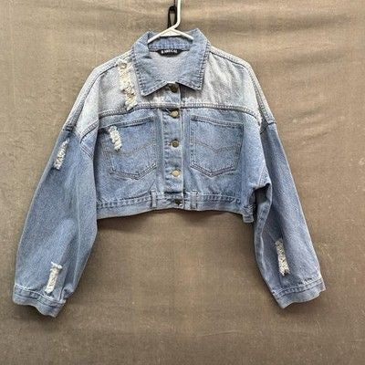 RAREGAL Jacket Womens Large Blue Denim Two Tone Cropped Distressed Button Front