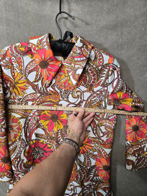 Vintage 70s Women's Psychedelic Floral Mod Tunic Top Dagger Collar Retro Hippie 4