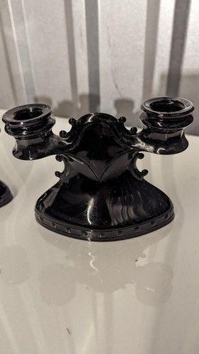 2 Art Deco 1930’s Vintage LE Smith Black/ amythest glass double candle holders 3