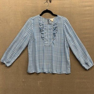 J Crew Shirt Womens 10 Blue White Houndstooth Long Sleeve Ruffle Blouse Top 5