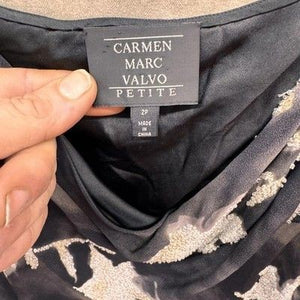 Carmen Marc Valvo Petite Shirt Womens 2P Black Beaded Floral Cowl Neck Sheer 2