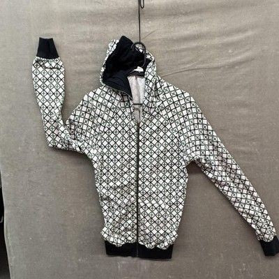 Hoodie Mens Medium Full Zip White Green Black Geometric Print Made in USA Retro