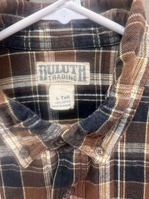 Duluth Trading Co Shirt Mens Large Tall Brown Black Plaid Flannel Long Sleeve Pr
