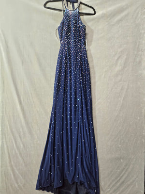 Camille Navy Blue Rhinestone Halter Prom Gown Open Back Mermaid Formal Size 0 3