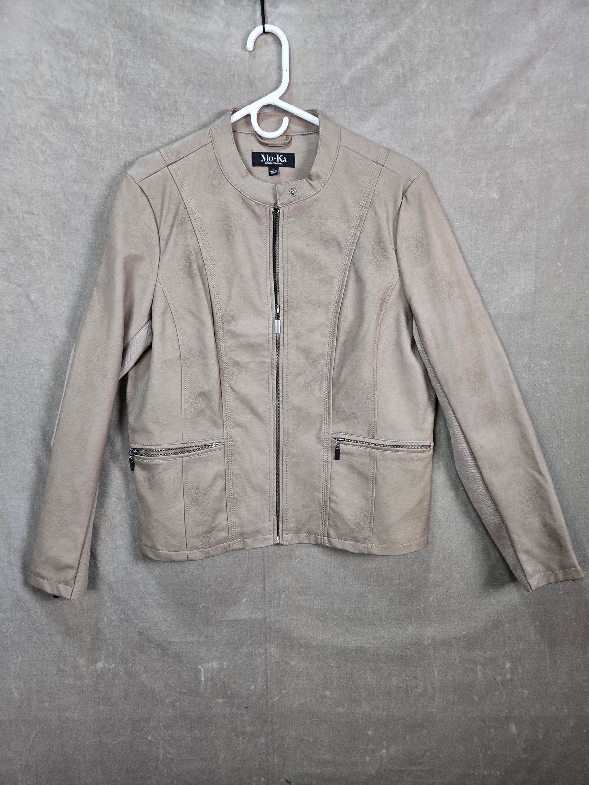Mo-Ka Santa Fe Apparel Women's Tan Faux Suede Moto Jacket Collarless Zip Size L
