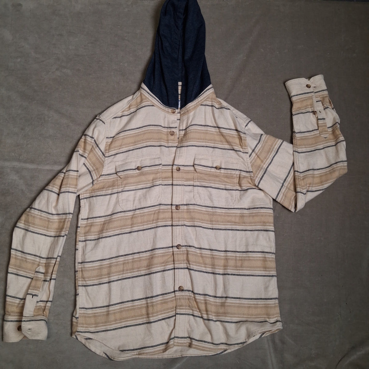 Old Navy Men's Beige Blue Striped Hooded Button Front Shirt Size L