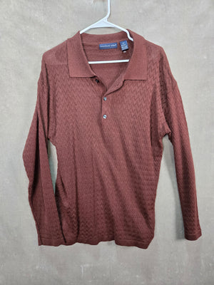 Northern Isles Men's Brown Herringbone Knit Long Sleeve Polo Shirt Size L 1