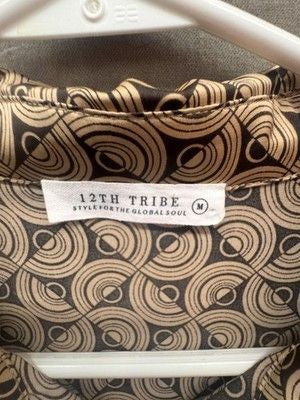 12th Tribe Shirt Womens Medium Brown Geometric Button Down Collared Long Sleeve 2